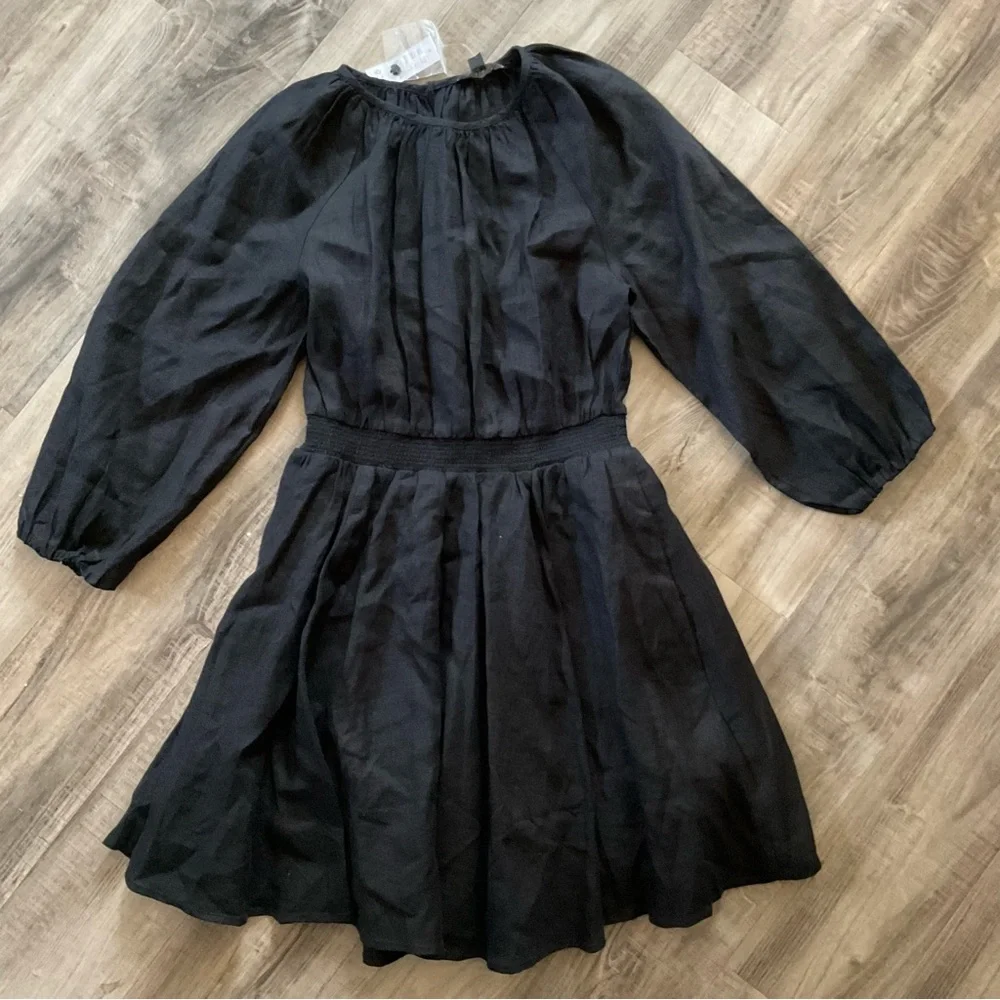 NEW J. CREW BLACK LINEN POLERMO SMOCKED WAIST MINI DRESS SZ S SMALL